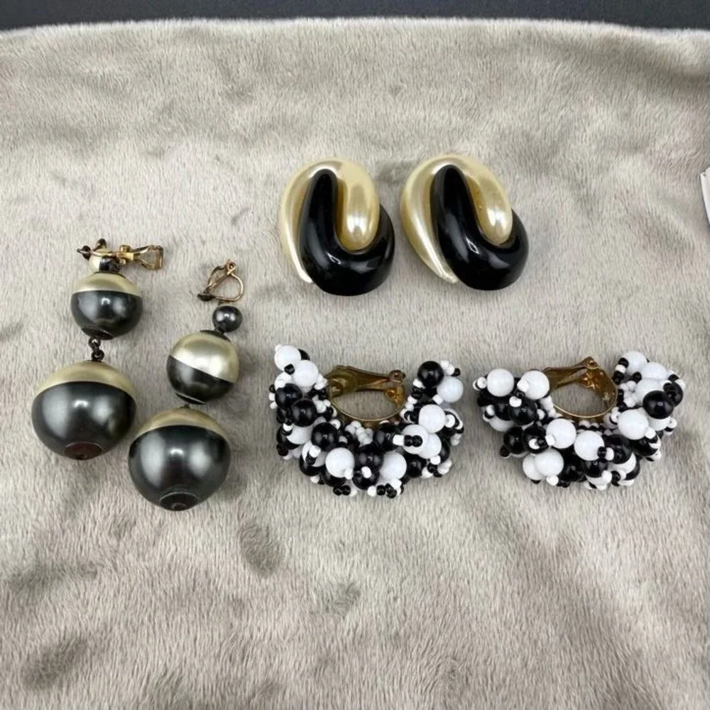 Vintage Estate Clip On Earrings Lot Black White Retro Beaded Dangle 3 Pairs